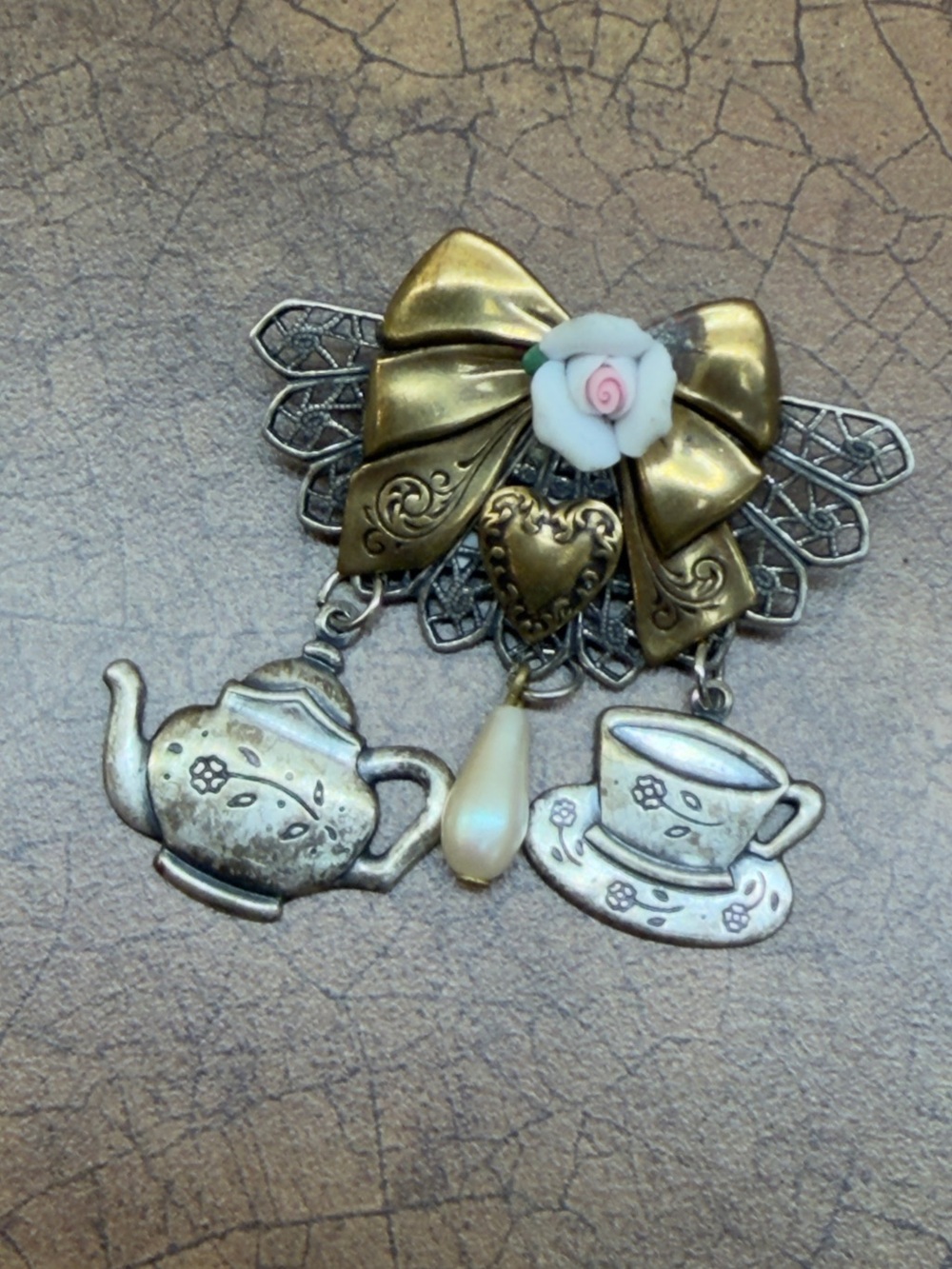 Vintage-Inspired Tea Party Bow Brooch with Pearl Drop - Gold & Silver